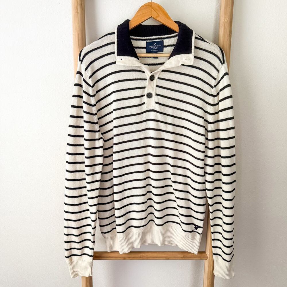 American Eagle Striped Rugby Collar Knit Sweater Cream Black Men’s Medium